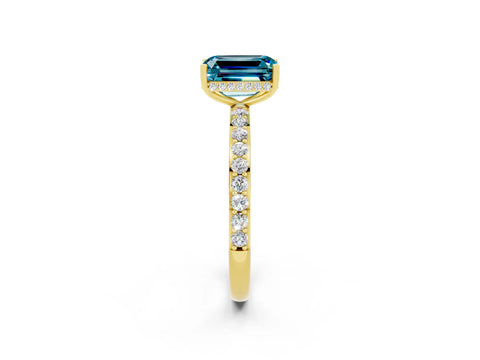 Yellow gold Emerald Cut Blue Topaz Solitaire Ring with Pavé Band and Hidden Halo_14