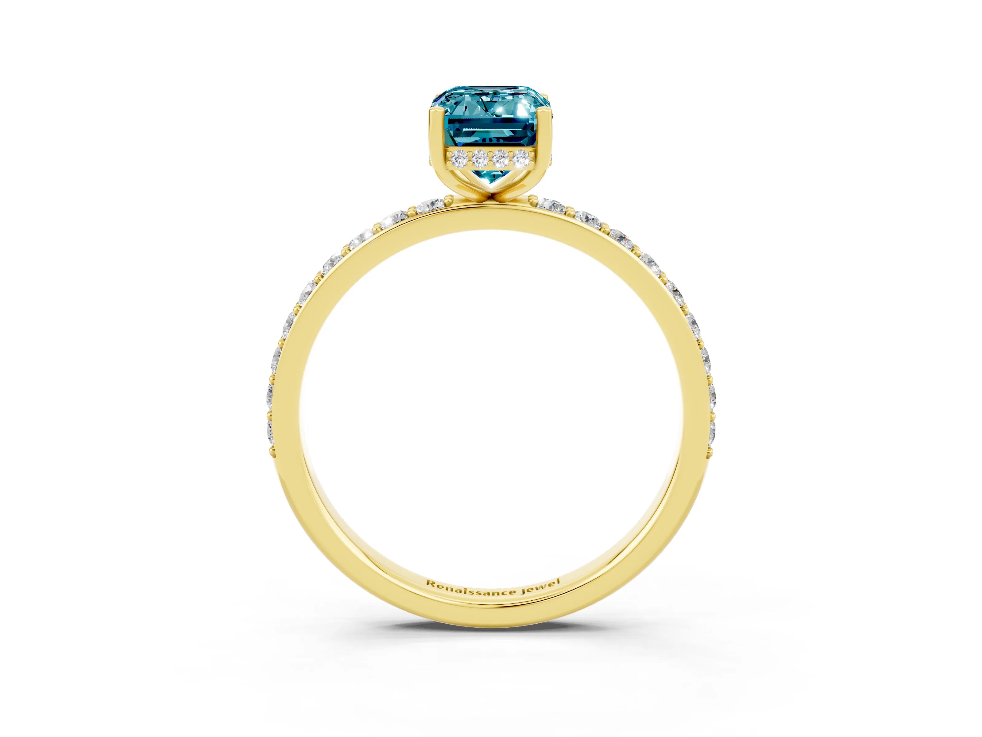 Yellow gold Emerald Cut Blue Topaz Solitaire Ring with Pavé Band and Hidden Halo_15