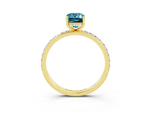Yellow gold Emerald Cut Blue Topaz Solitaire Ring with Pavé Band and Hidden Halo_15
