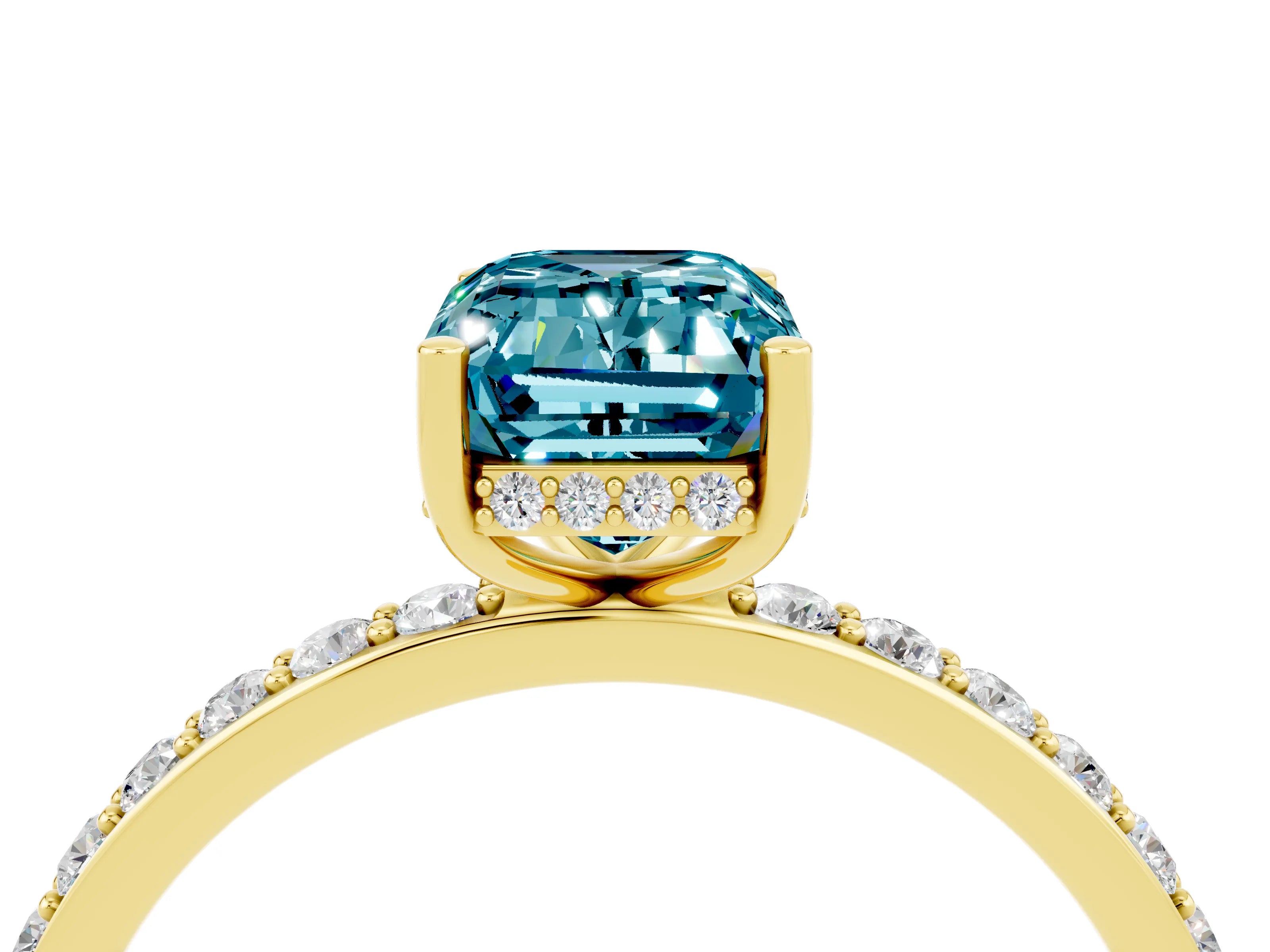 Yellow gold Emerald Cut Blue Topaz Solitaire Ring with Pavé Band and Hidden Halo_16