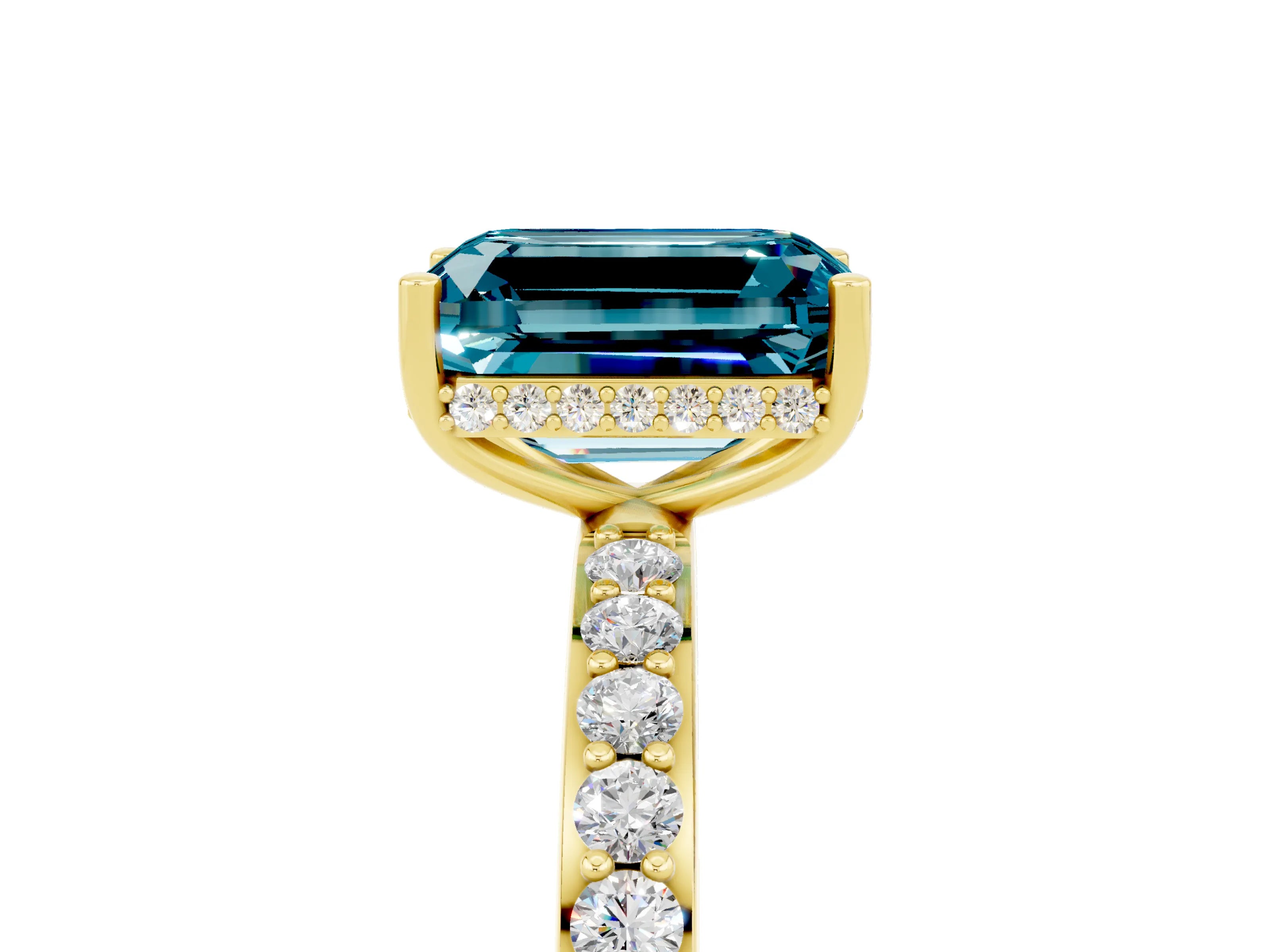 Yellow gold Emerald Cut Blue Topaz Solitaire Ring with Pavé Band and Hidden Halo_17
