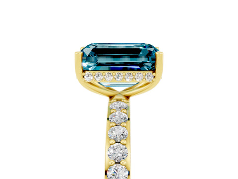 Yellow gold Emerald Cut Blue Topaz Solitaire Ring with Pavé Band and Hidden Halo_17