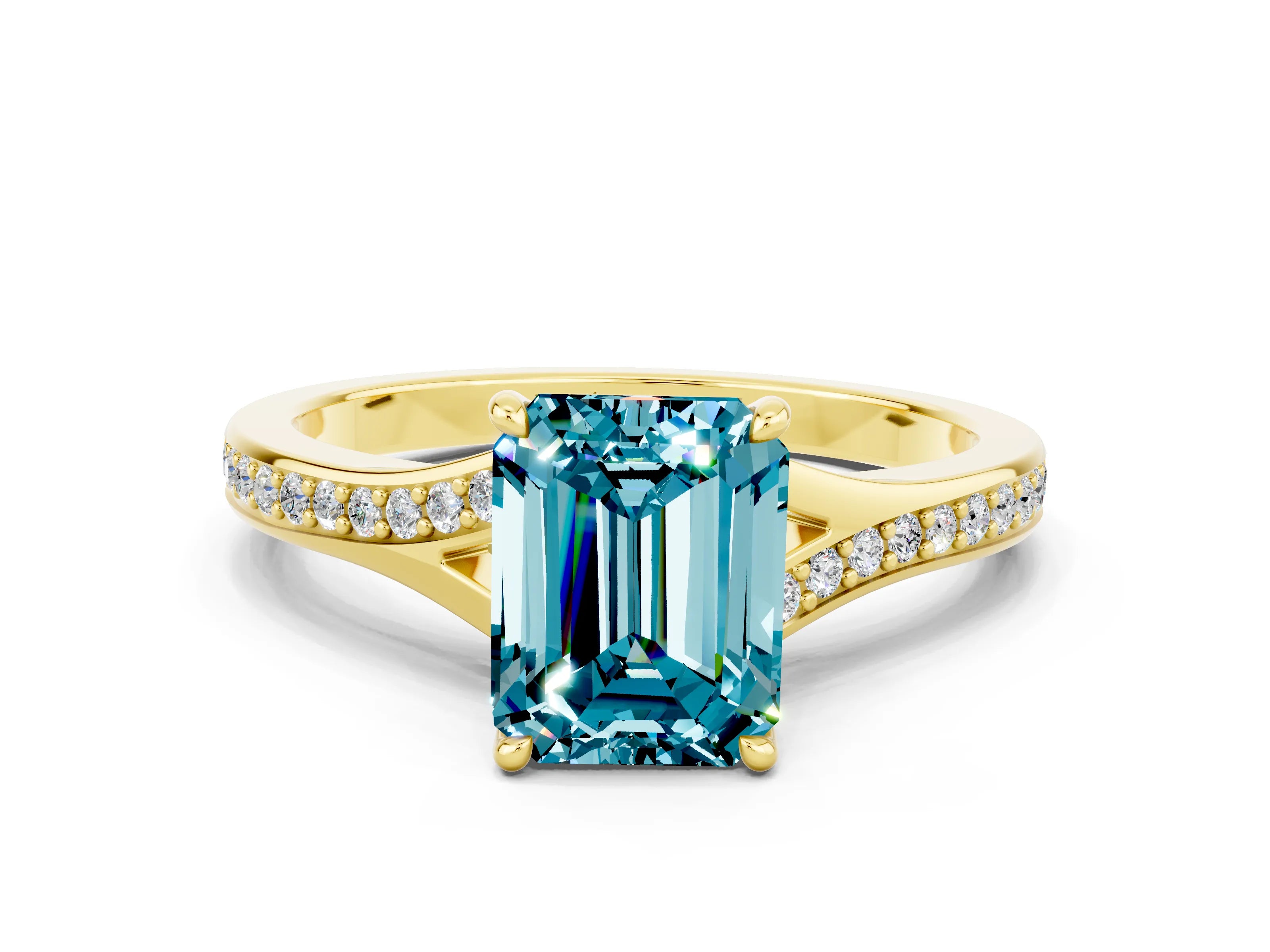 Yellow gold Emerald Cut Blue Topaz Solitaire Ring with Pavé Band and Prong Setting