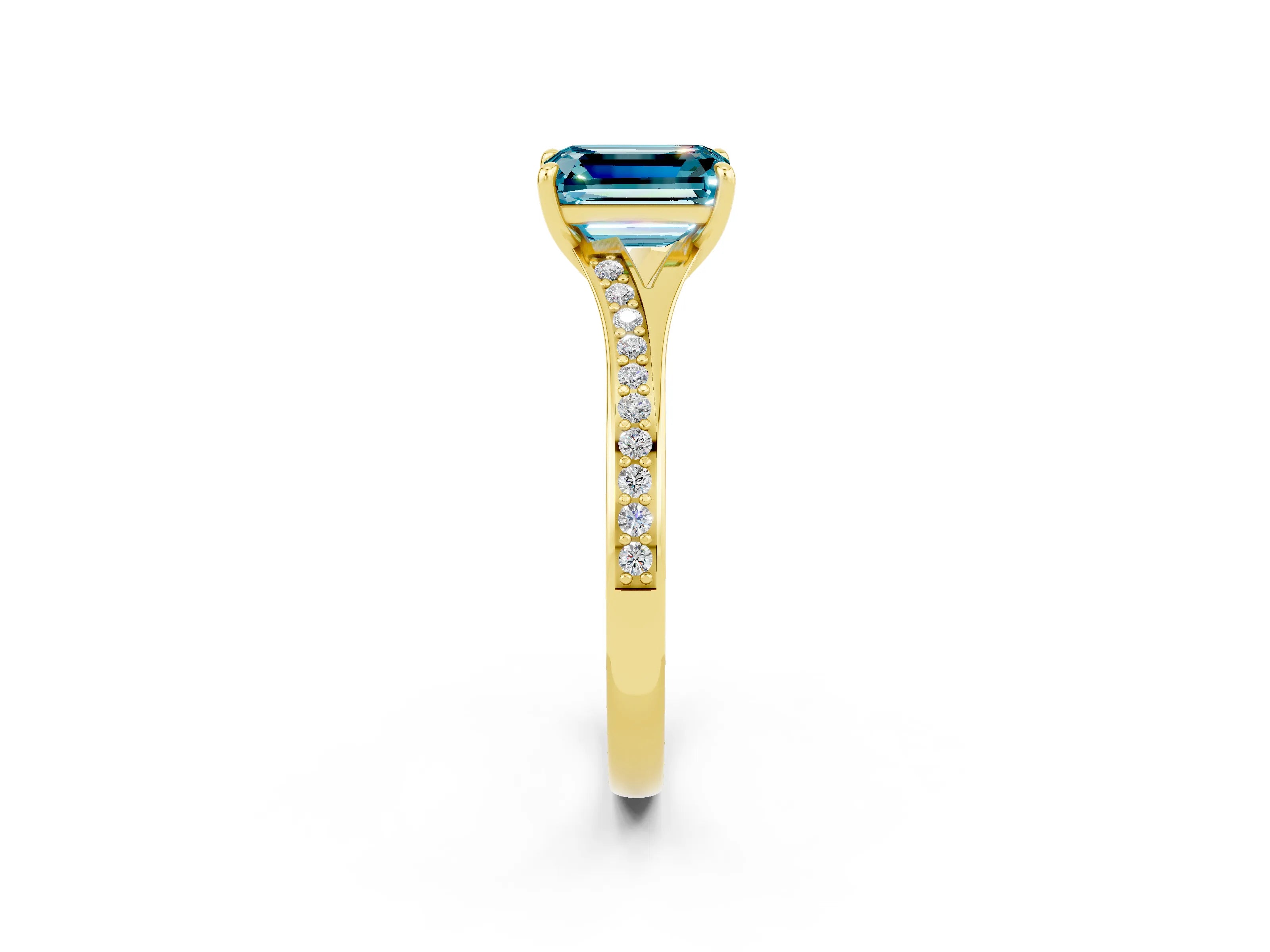 Yellow gold Emerald Cut Blue Topaz Solitaire Ring with Pavé Band and Prong Setting_2