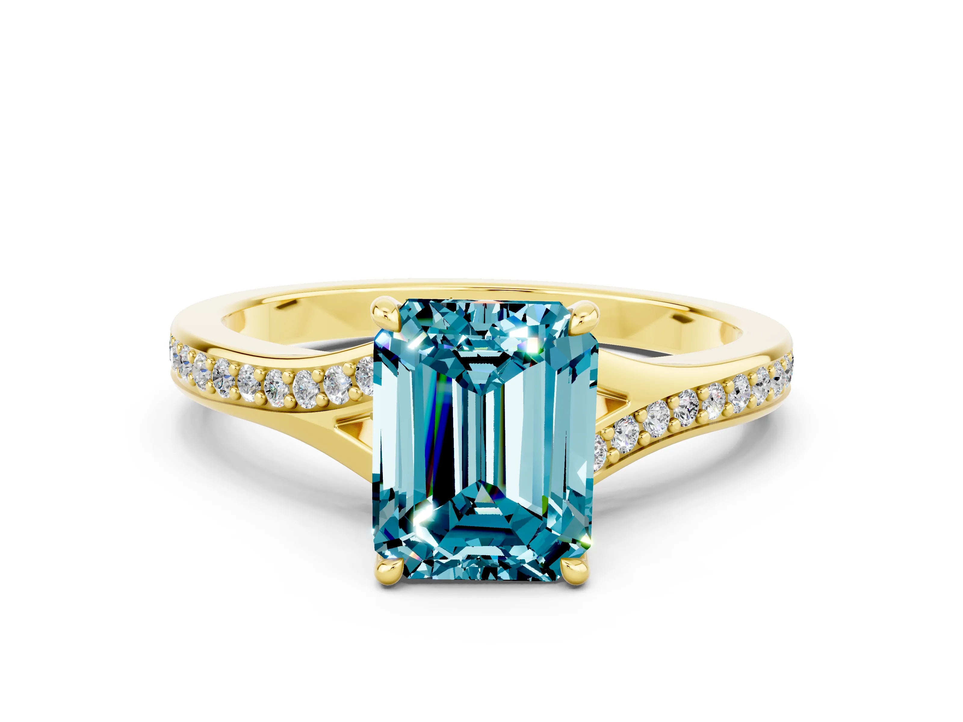 Yellow gold Emerald Cut Blue Topaz Solitaire Ring with Pavé Band and Prong Setting_24