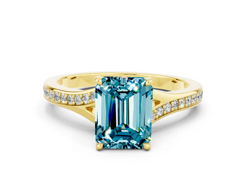 Yellow gold Emerald Cut Blue Topaz Solitaire Ring with Pavé Band and Prong Setting_24