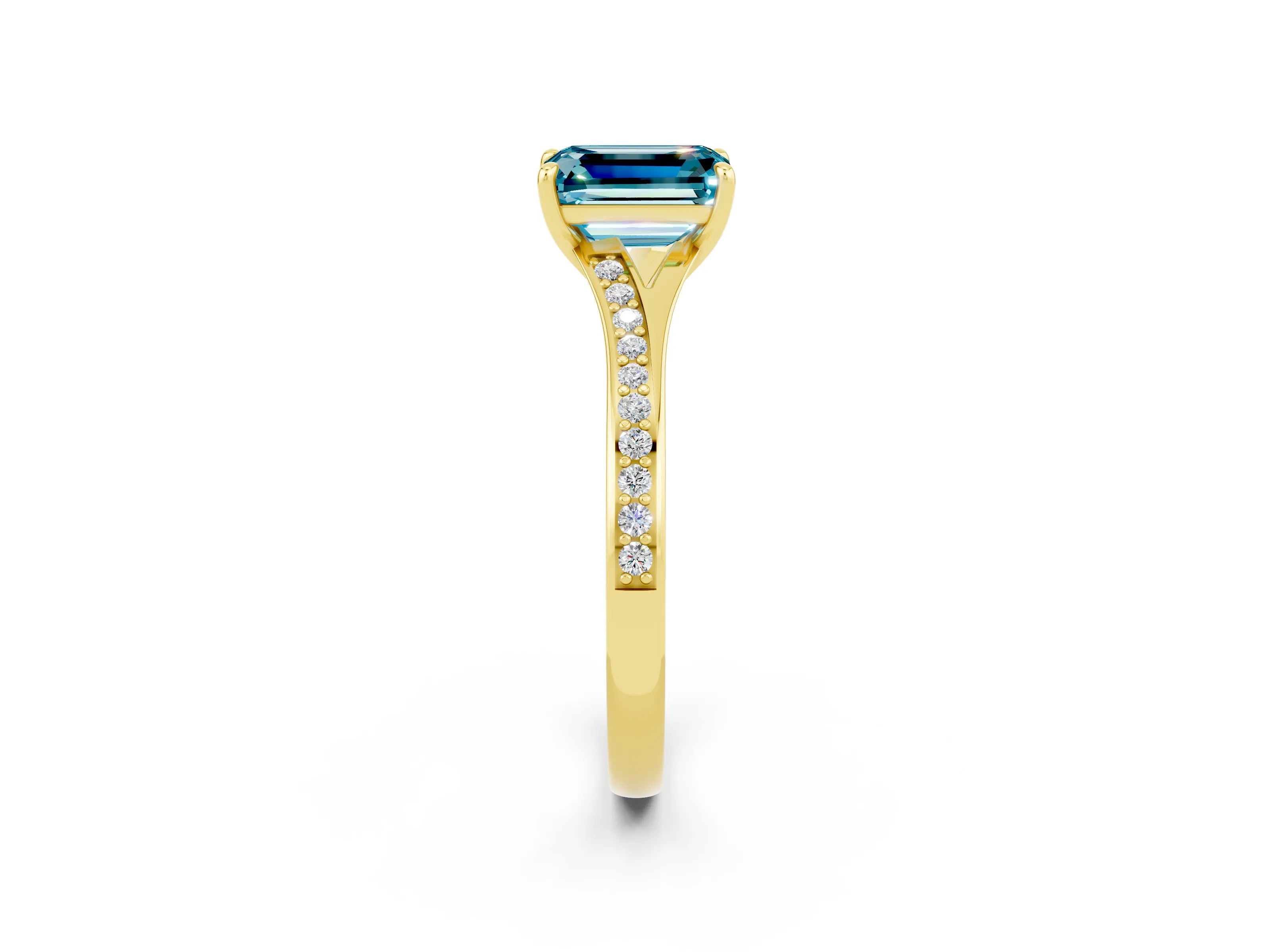 Yellow gold Emerald Cut Blue Topaz Solitaire Ring with Pavé Band and Prong Setting_26