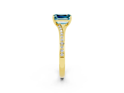 Yellow gold Emerald Cut Blue Topaz Solitaire Ring with Pavé Band and Prong Setting_26