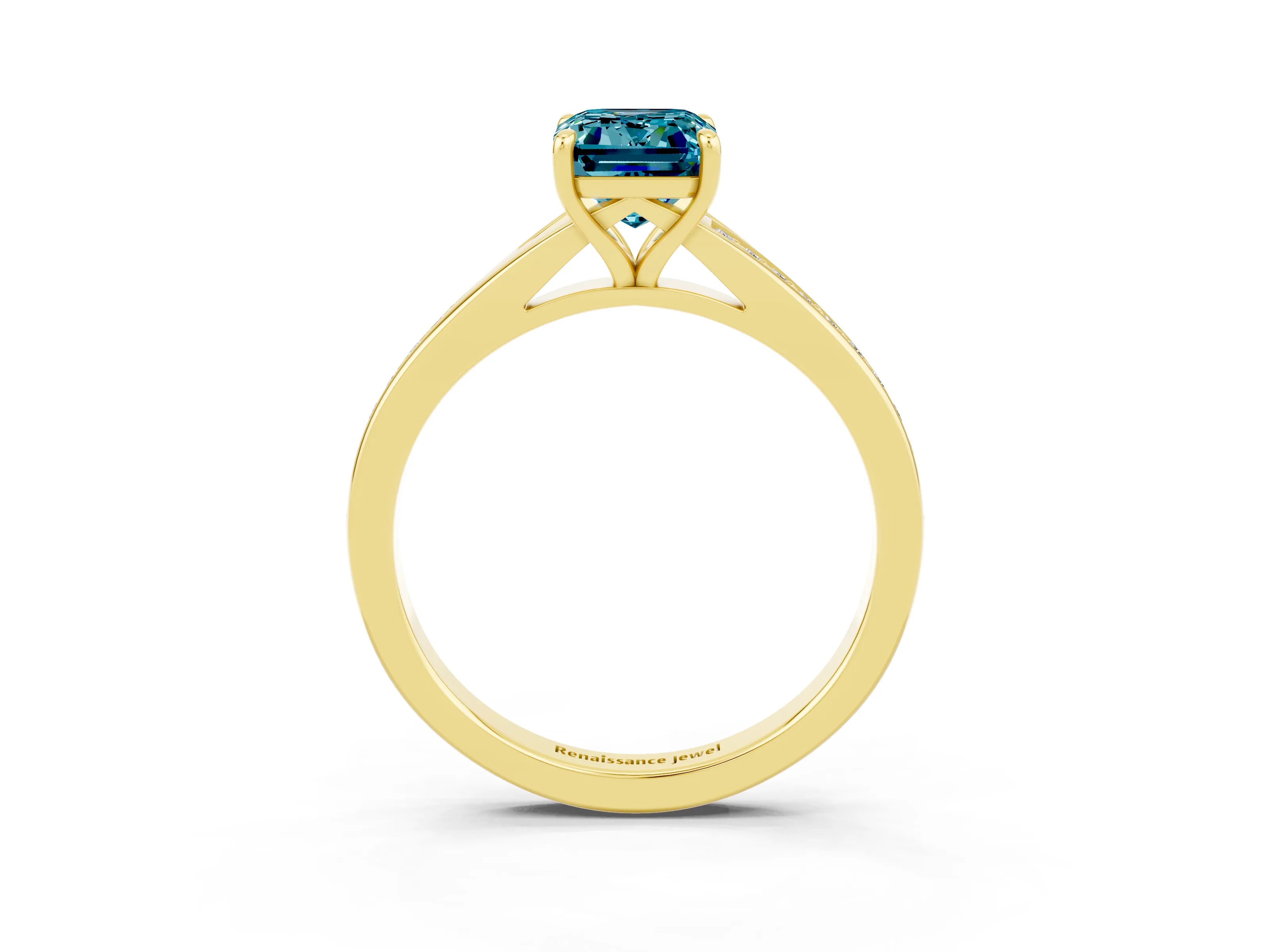 Yellow gold Emerald Cut Blue Topaz Solitaire Ring with Pavé Band and Prong Setting_27