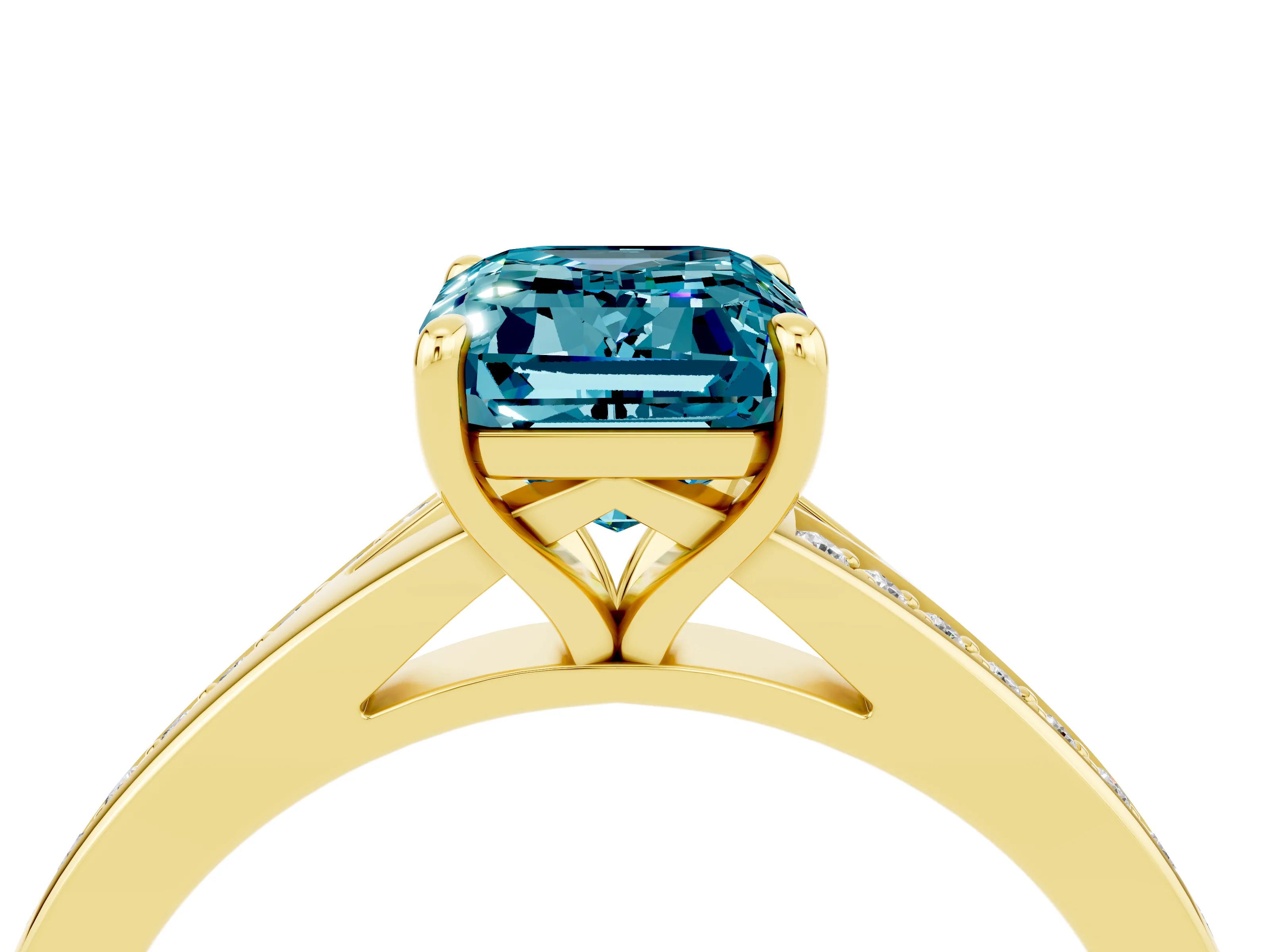 Yellow gold Emerald Cut Blue Topaz Solitaire Ring with Pavé Band and Prong Setting_28
