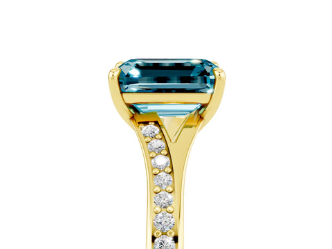 Yellow gold Emerald Cut Blue Topaz Solitaire Ring with Pavé Band and Prong Setting_29