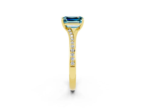 Yellow gold Emerald Cut Blue Topaz Solitaire Ring with Pavé Band and Prong Setting_2