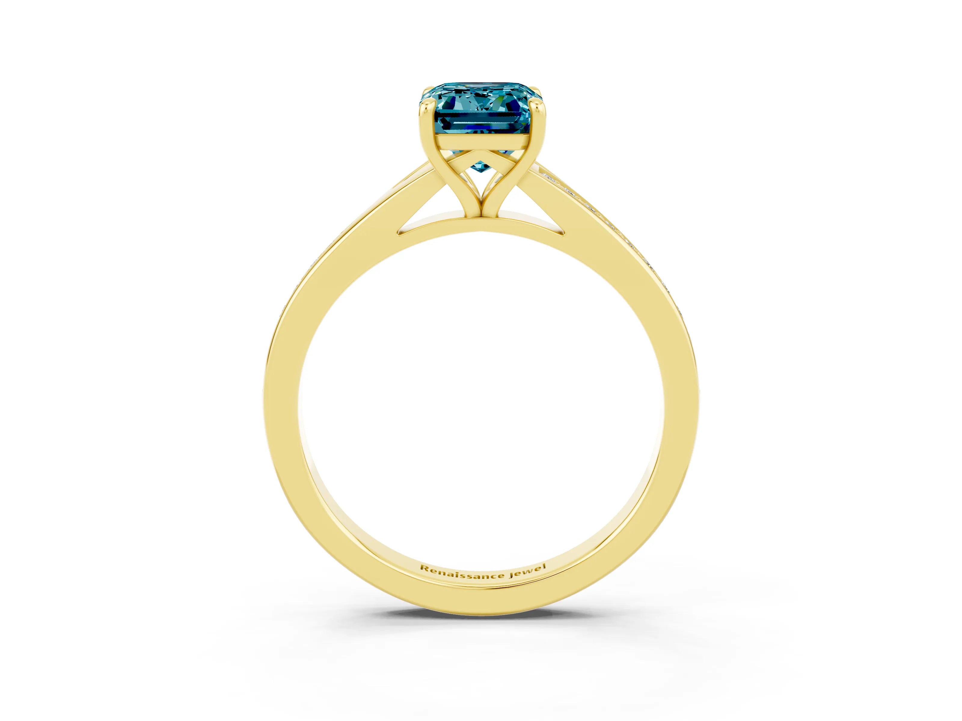 Yellow gold Emerald Cut Blue Topaz Solitaire Ring with Pavé Band and Prong Setting_3