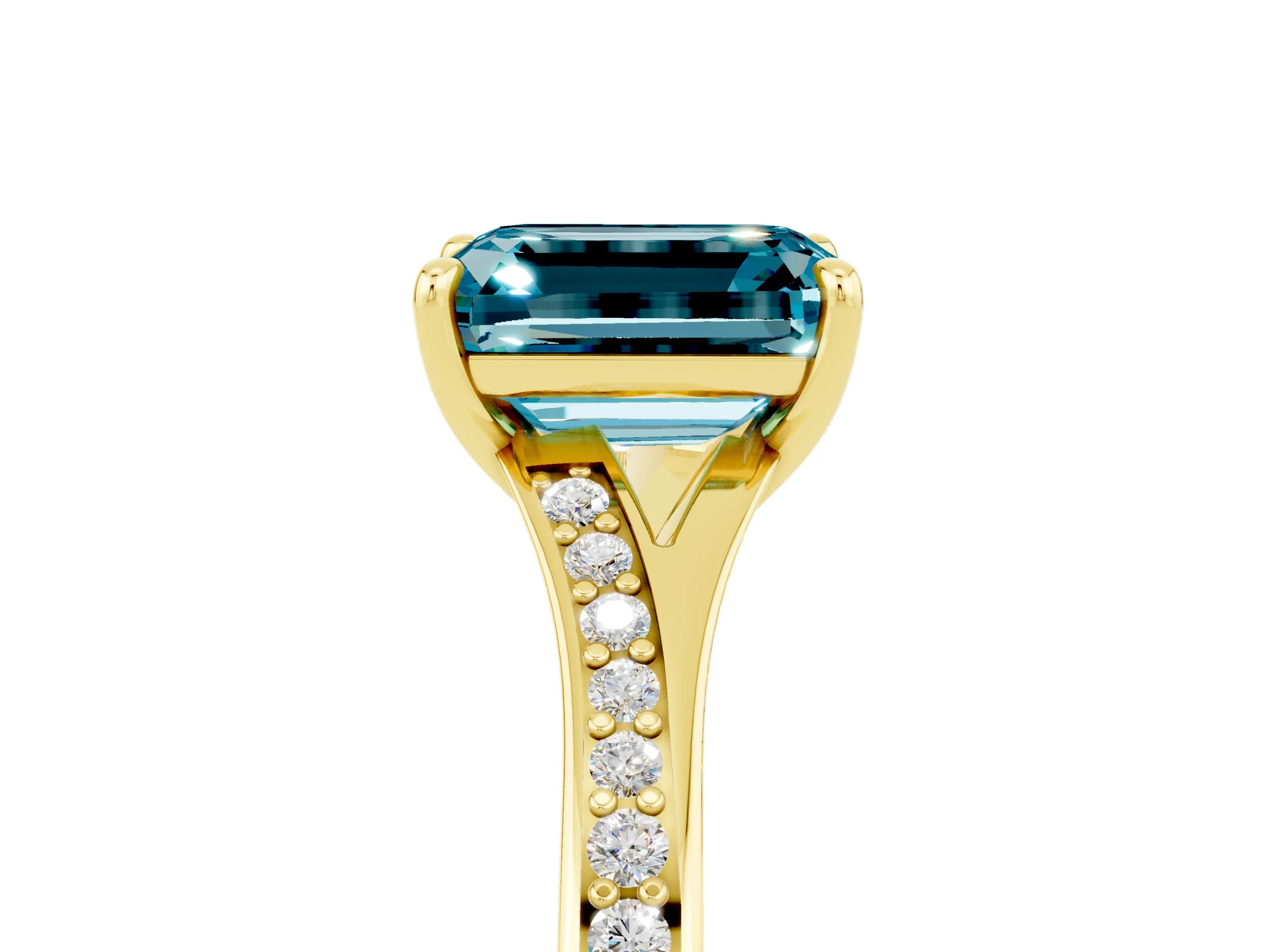 Yellow gold Emerald Cut Blue Topaz Solitaire Ring with Pavé Band and Prong Setting_5