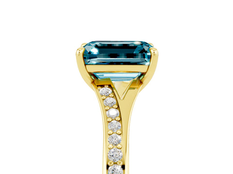 Yellow gold Emerald Cut Blue Topaz Solitaire Ring with Pavé Band and Prong Setting_5