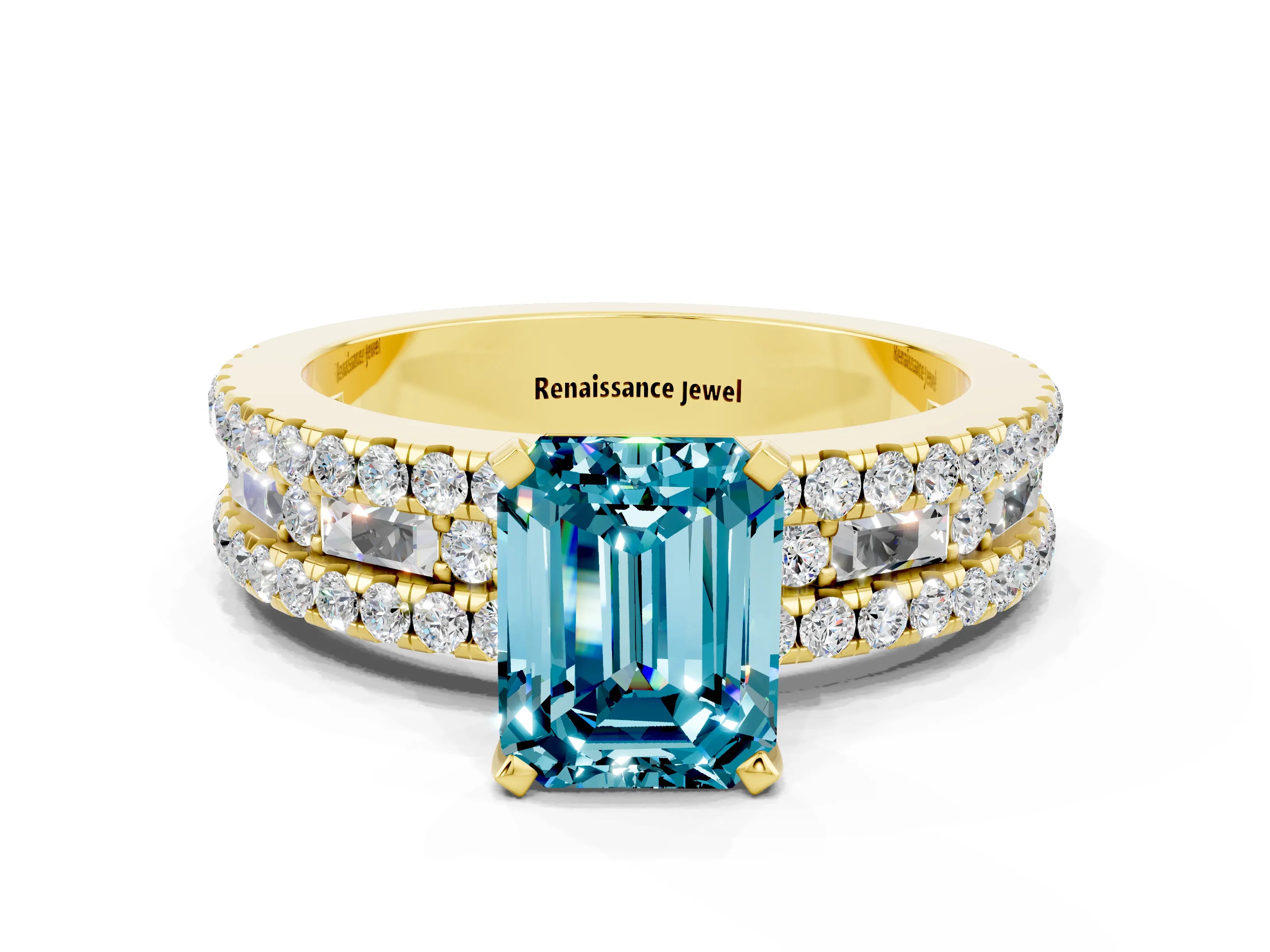 Yellow gold Emerald Cut Blue Topaz Solitaire Ring with Pavé and Channel Set Band