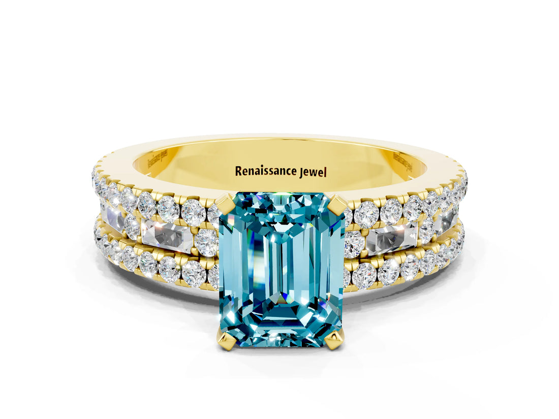 Yellow gold Emerald Cut Blue Topaz Solitaire Ring with Pavé and Channel Set Band
