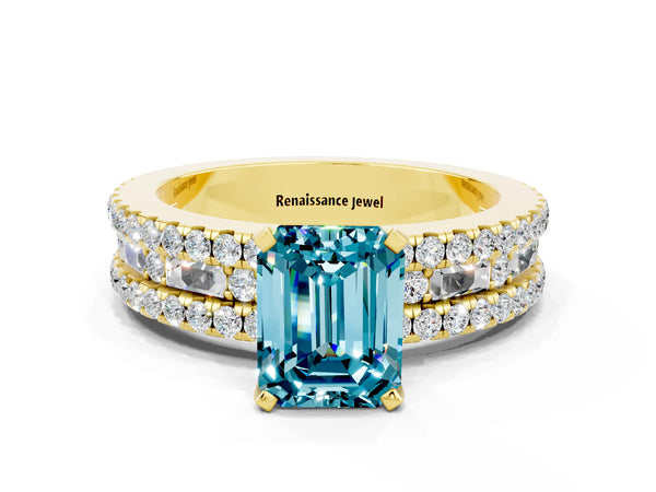 Yellow gold Emerald Cut Blue Topaz Solitaire Ring with Pavé and Channel Set Band