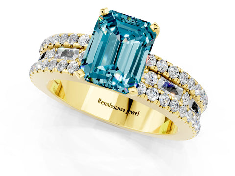Yellow gold Emerald Cut Blue Topaz Solitaire Ring with Pavé and Channel Set Band_1
