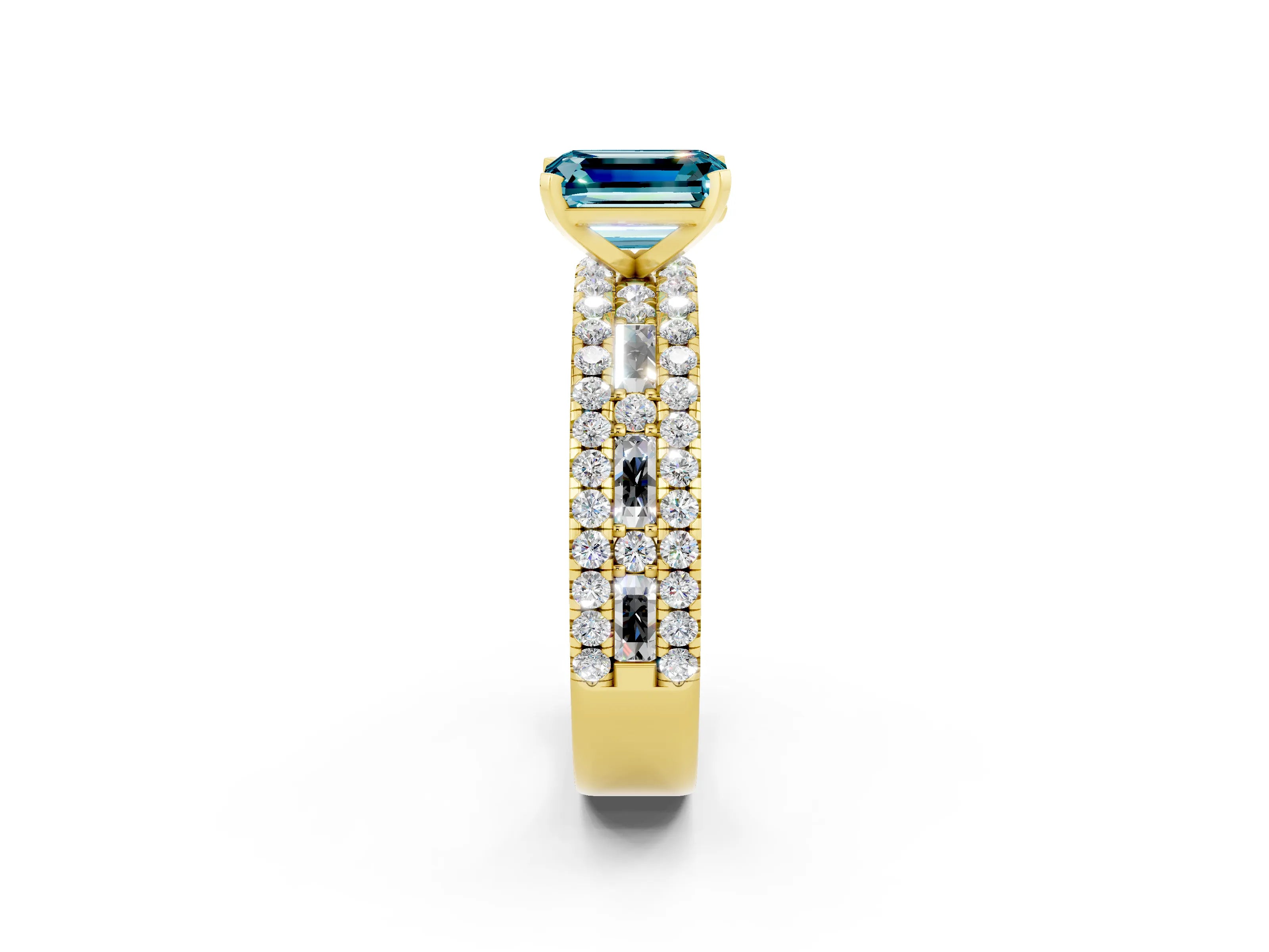 Yellow gold Emerald Cut Blue Topaz Solitaire Ring with Pavé and Channel Set Band_2