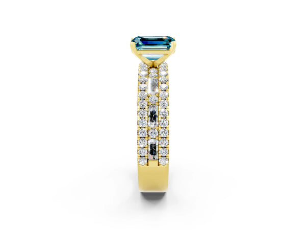 Yellow gold Emerald Cut Blue Topaz Solitaire Ring with Pavé and Channel Set Band