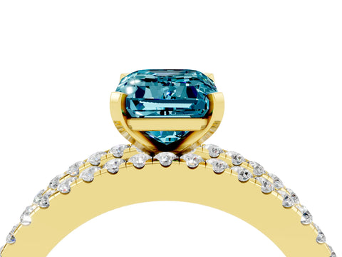 Yellow gold Emerald Cut Blue Topaz Solitaire Ring with Pavé and Channel Set Band_4