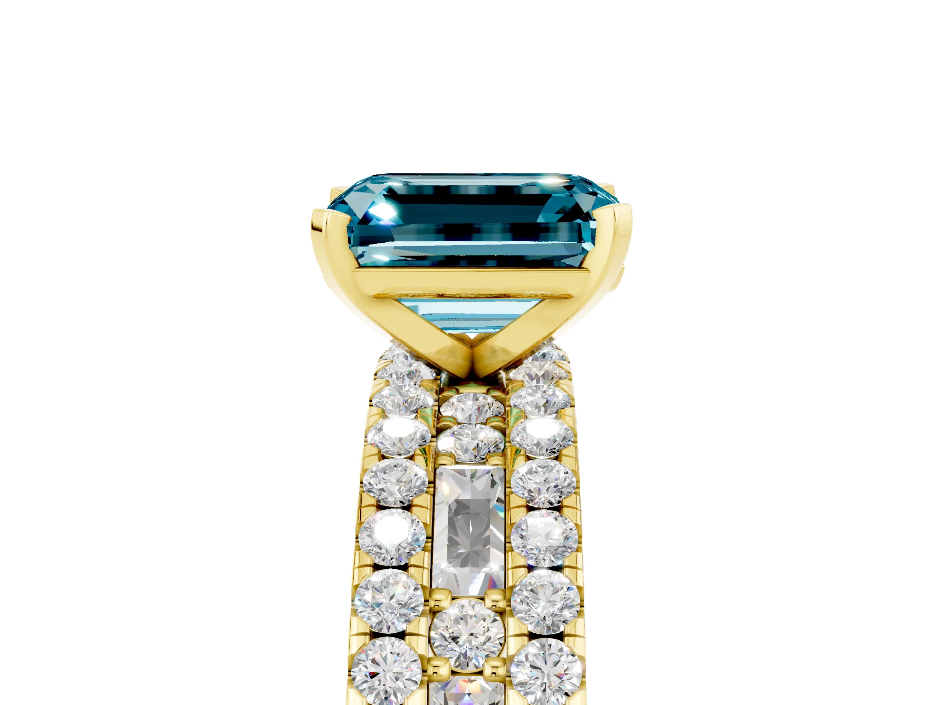 Yellow gold Emerald Cut Blue Topaz Solitaire Ring with Pavé and Channel Set Band_5