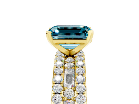 Yellow gold Emerald Cut Blue Topaz Solitaire Ring with Pavé and Channel Set Band_5