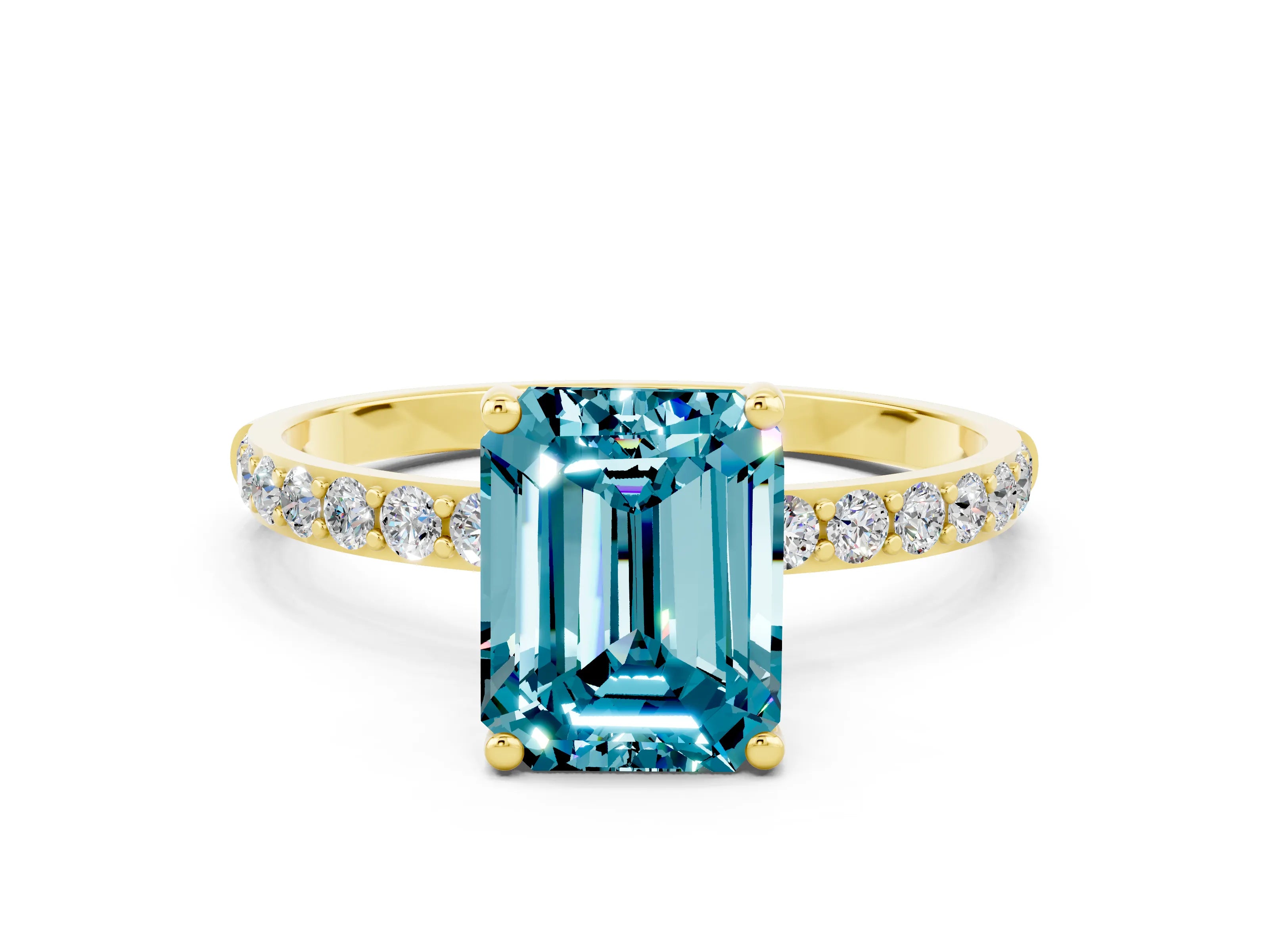 Yellow gold Emerald Cut Blue Topaz Solitaire Ring with Pave Band and Four Prong Setting_24