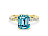 Yellow gold Emerald Cut Blue Topaz Solitaire Ring with Pave Band and Four Prong Setting_24
