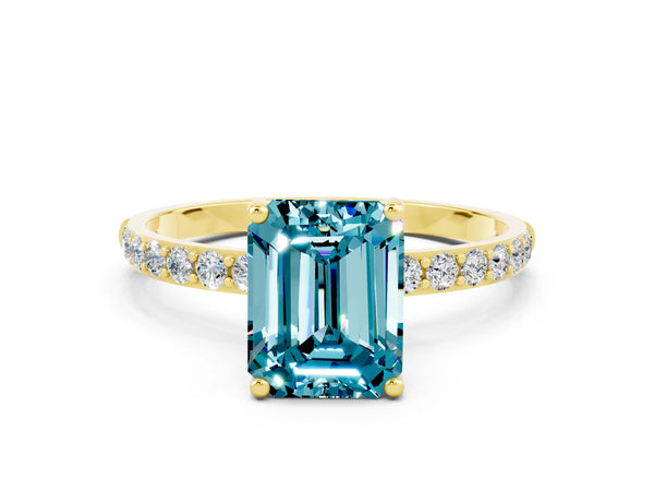 Yellow gold Emerald Cut Blue Topaz Solitaire Ring with Round  Pavé Band and Prong Setting