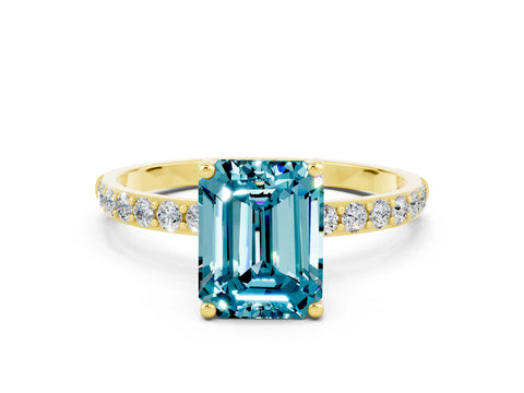 Yellow gold Emerald Cut Blue Topaz Solitaire Ring with Pave Band and Four Prong Setting_24