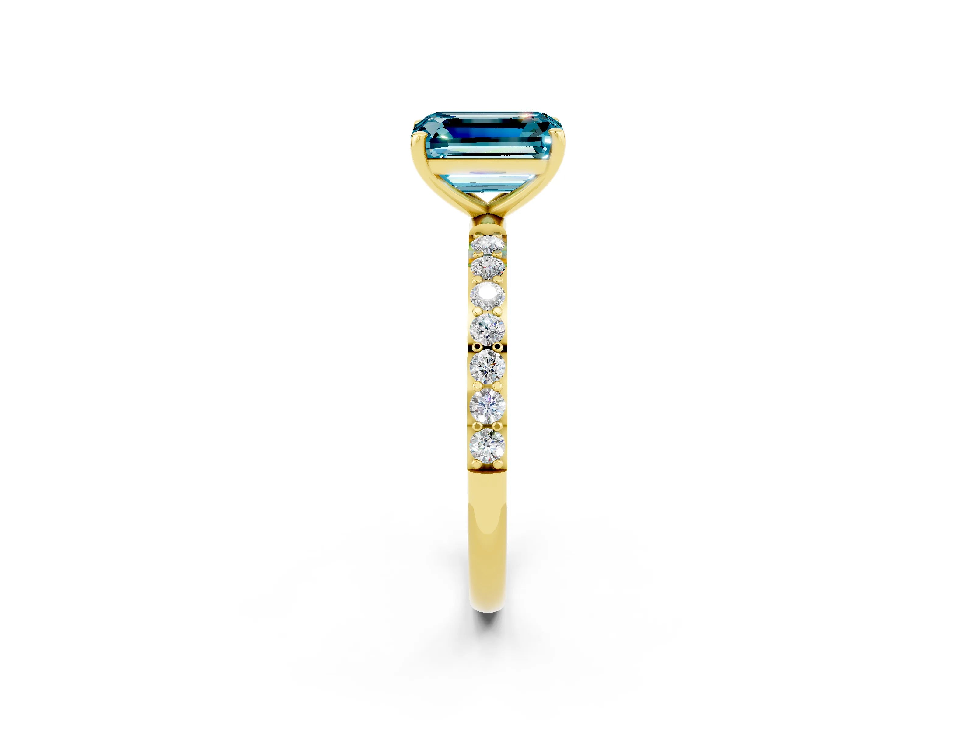 Yellow gold Emerald Cut Blue Topaz Solitaire Ring with Pave Band and Four Prong Setting_26