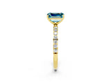 Yellow gold Emerald Cut Blue Topaz Solitaire Ring with Pave Band and Four Prong Setting_26