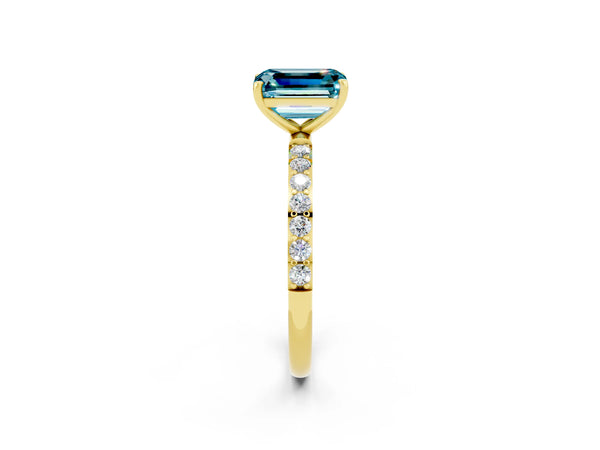 Yellow gold Emerald Cut Blue Topaz Solitaire Ring with Round  Pavé Band and Prong Setting