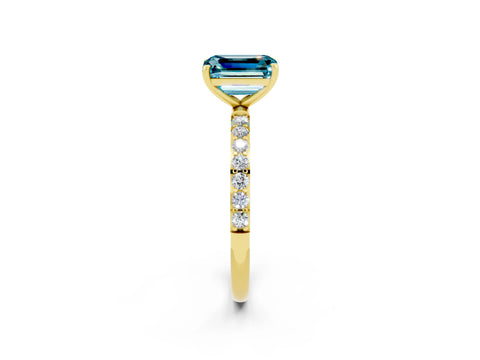 Yellow gold Emerald Cut Blue Topaz Solitaire Ring with Pave Band and Four Prong Setting_26