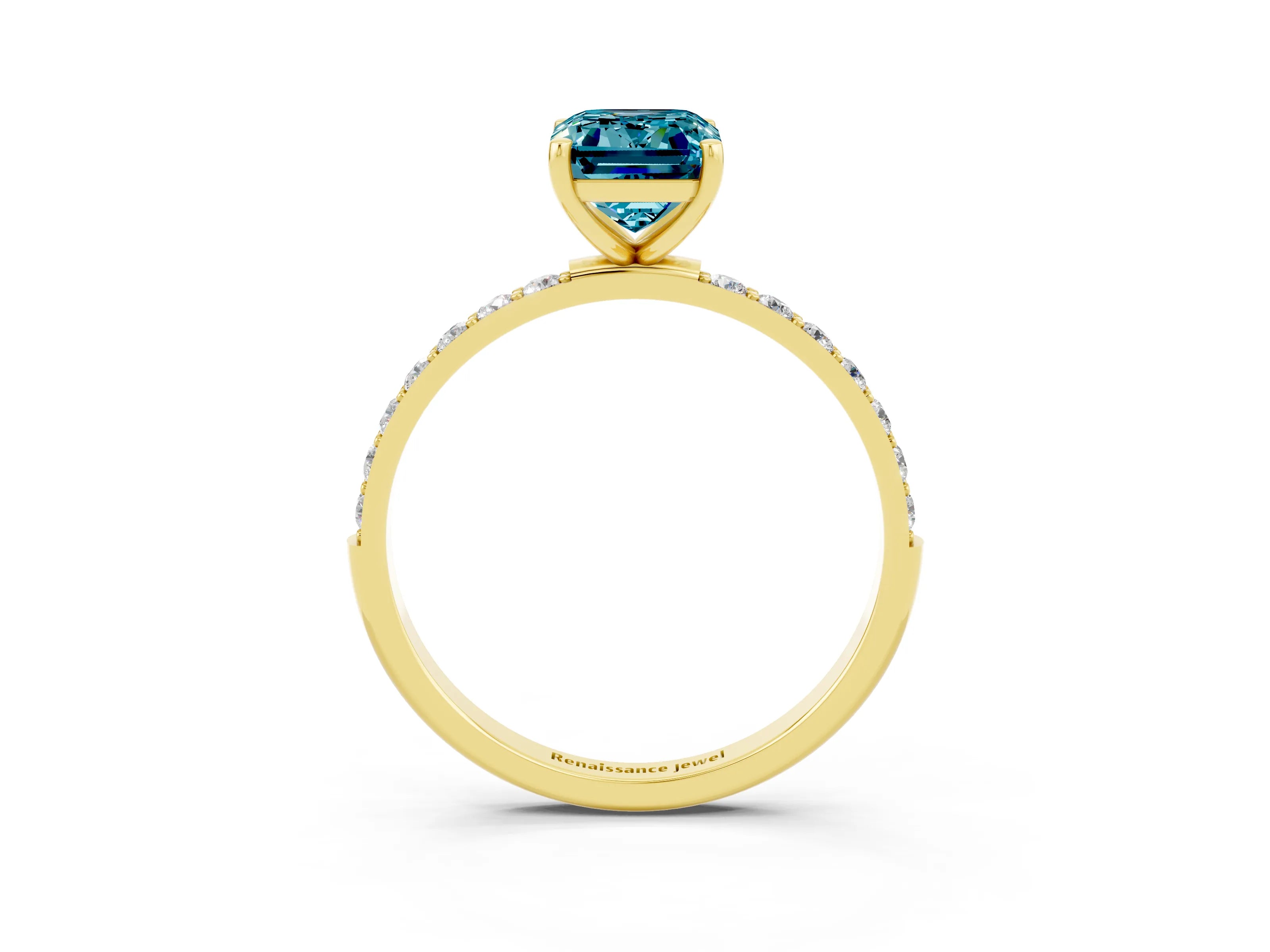 Yellow gold Emerald Cut Blue Topaz Solitaire Ring with Pave Band and Four Prong Setting_27