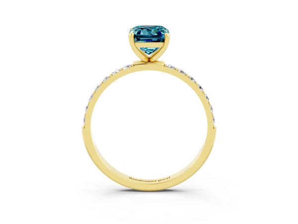 Yellow gold Emerald Cut Blue Topaz Solitaire Ring with Round  Pavé Band and Prong Setting