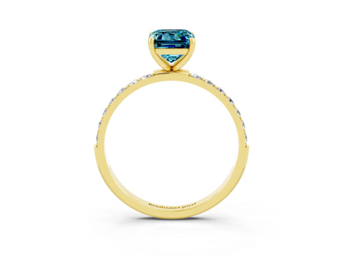 Yellow gold Emerald Cut Blue Topaz Solitaire Ring with Pave Band and Four Prong Setting_27