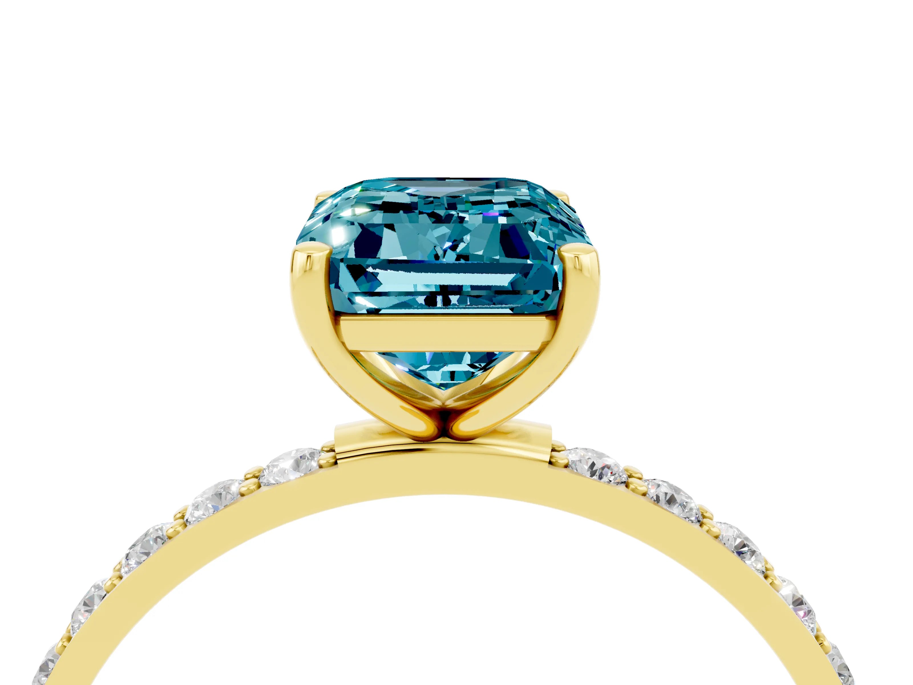 Yellow gold Emerald Cut Blue Topaz Solitaire Ring with Pave Band and Four Prong Setting_28