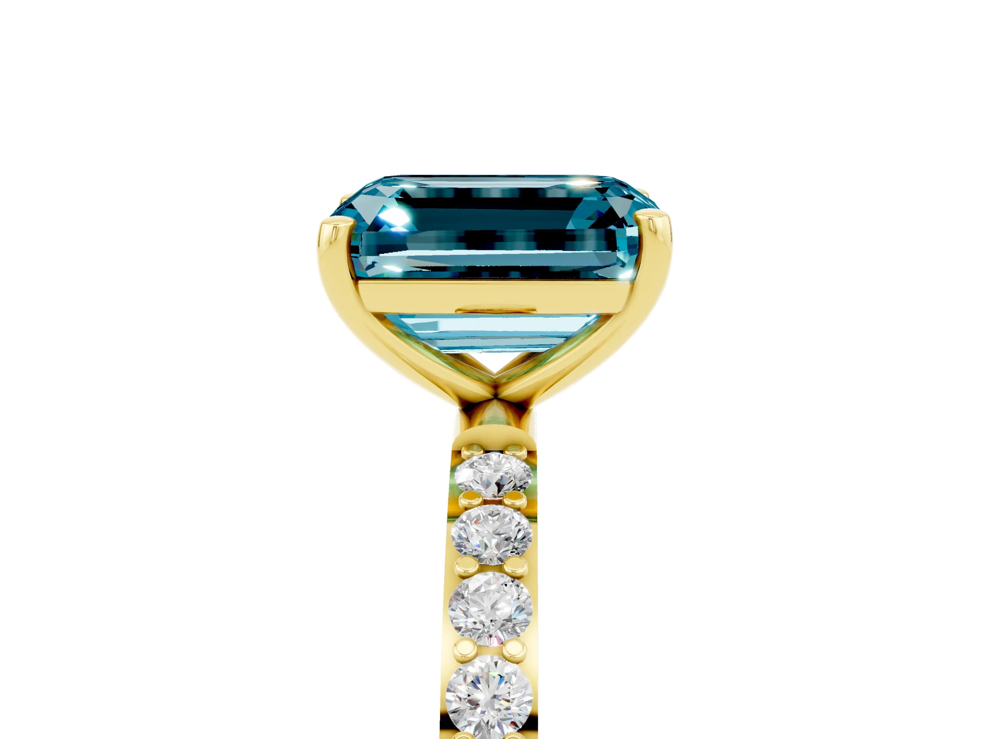 Yellow gold Emerald Cut Blue Topaz Solitaire Ring with Pave Band and Four Prong Setting_29