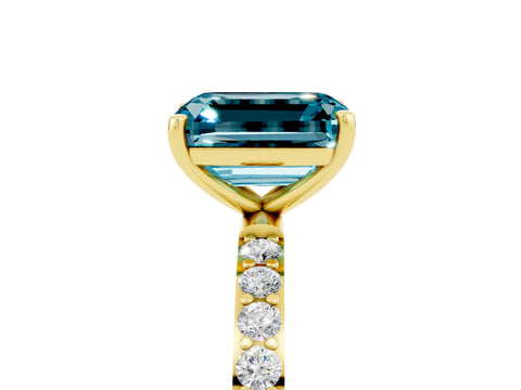 Yellow gold Emerald Cut Blue Topaz Solitaire Ring with Pave Band and Four Prong Setting_29