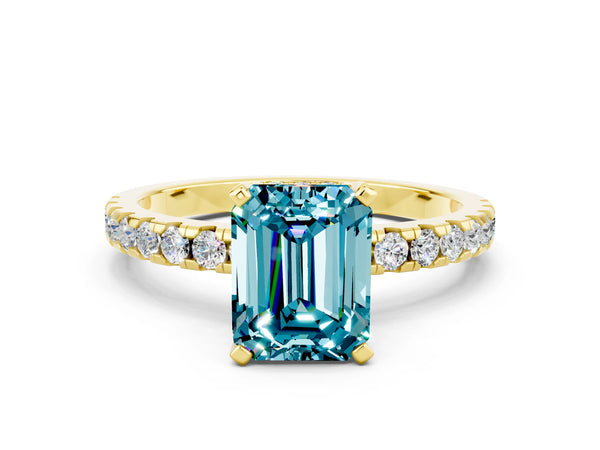 Yellow gold Emerald Cut Blue Topaz Solitaire Ring with Round  Pavé Band and Four-Prong Setting