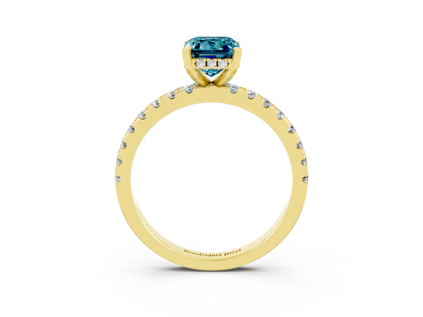 Yellow gold Emerald Cut Blue Topaz Solitaire Ring with Round  Pavé Band and Four-Prong Setting