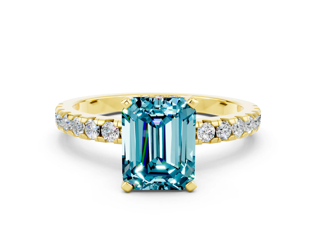 Yellow gold Emerald Cut Blue Topaz Solitaire Ring with Round  Pavé Band and Four-Prong Setting_36