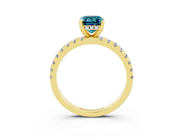 Yellow gold Emerald Cut Blue Topaz Solitaire Ring with Round Pavé Band and Four-Prong Setting