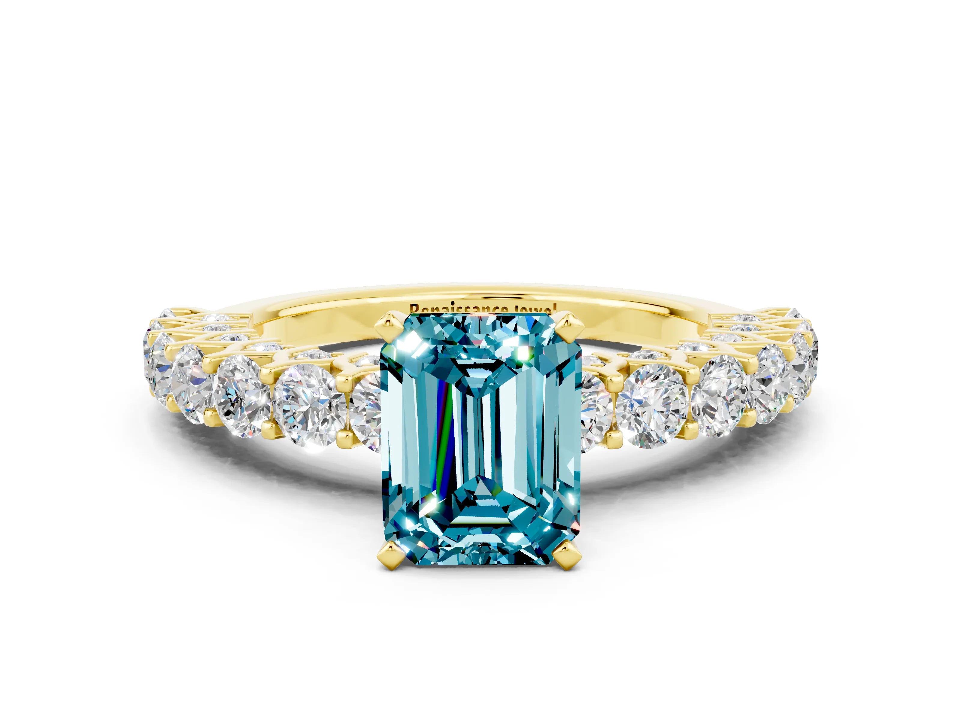Yellow gold Emerald Cut Blue Topaz Solitaire Ring with Shared Prong Pavé Band and Four-Prong Setting