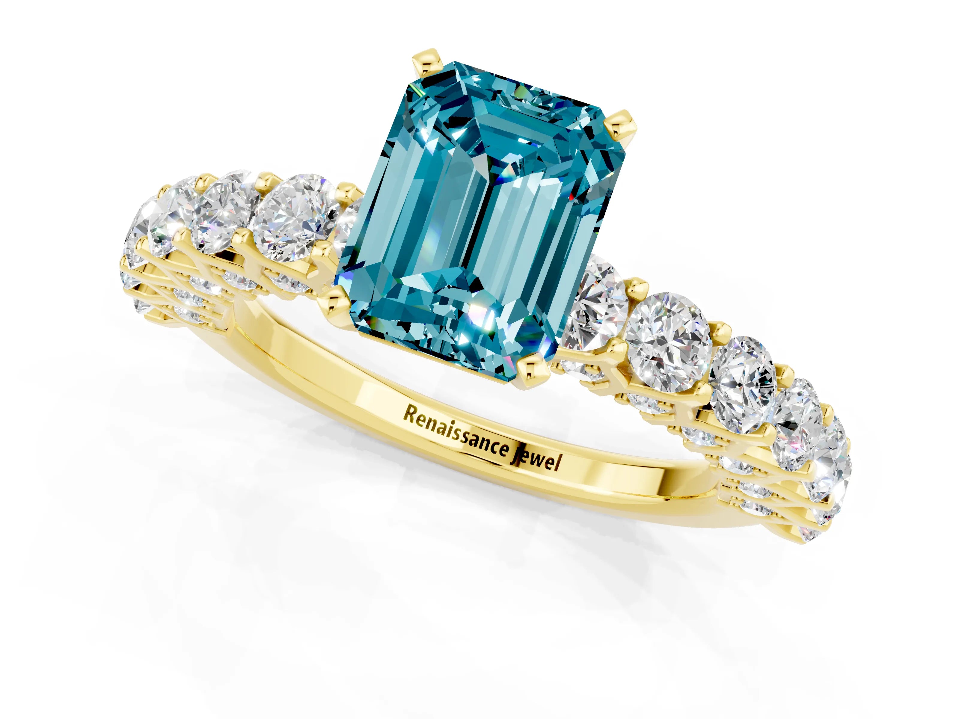 Yellow gold Emerald Cut Blue Topaz Solitaire Ring with Shared Prong Pavé Band and Four-Prong Setting_1