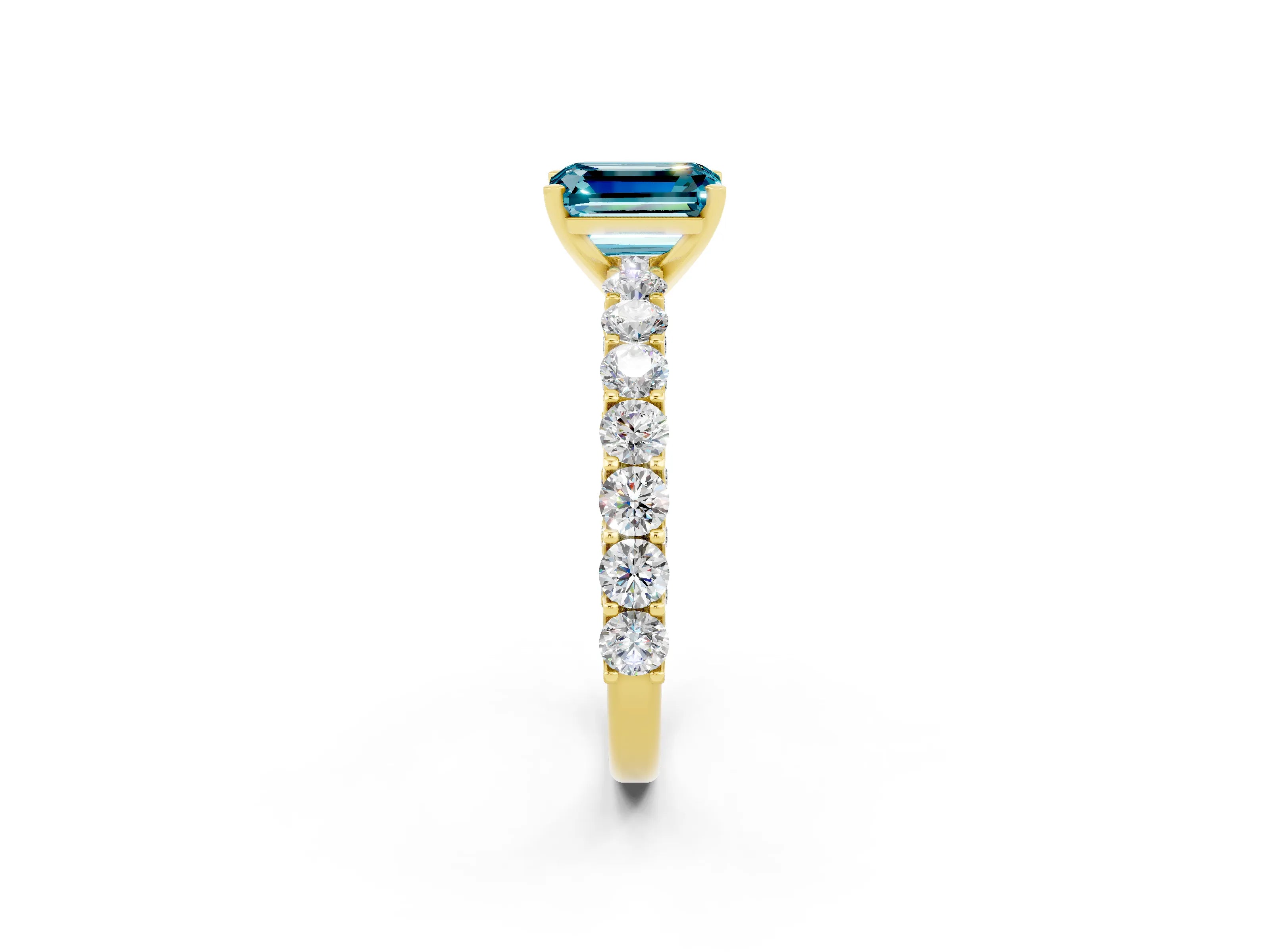 Yellow gold Emerald Cut Blue Topaz Solitaire Ring with Shared Prong Pavé Band and Four-Prong Setting_2