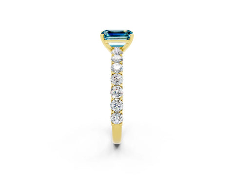 Yellow gold Emerald Cut Blue Topaz Solitaire Ring with Shared Prong Pavé Band and Four-Prong Setting_2